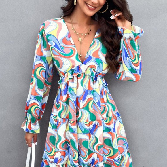 Backless Printed V-Neck Flounce Sleeve Dress - Picture 1 of 9